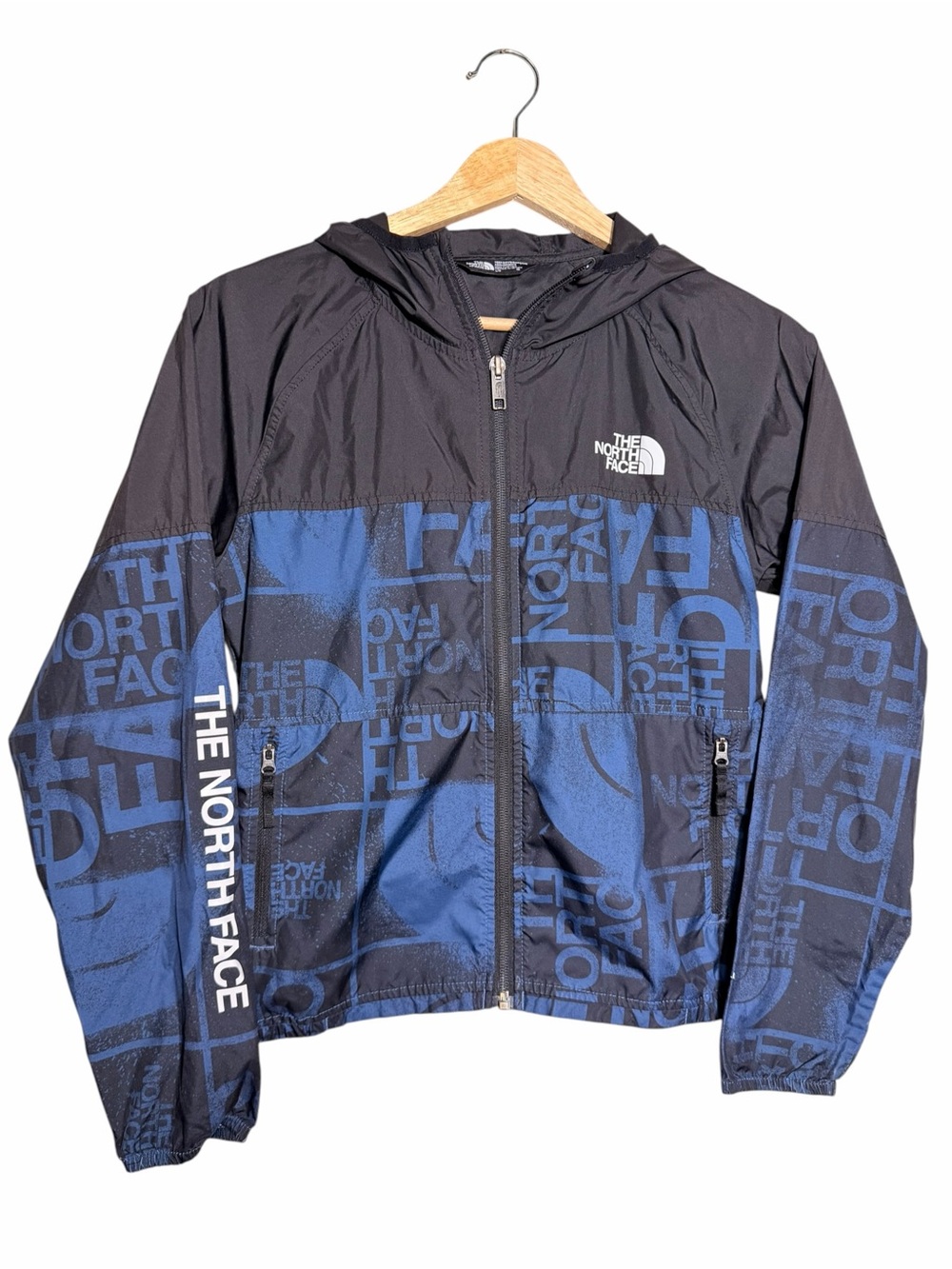 The North Face Black and Blue Logo Print Hooded Windbreaker Jacket